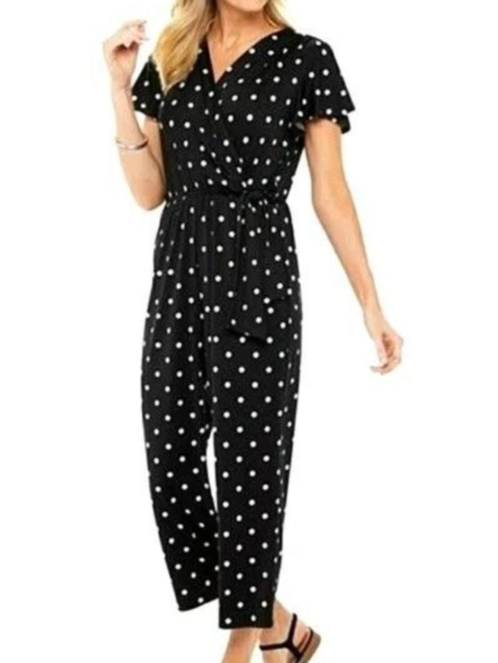 croft & barrow Black Polka Dot Short-Sleeve Jumpsuit Self Tie Waist Med